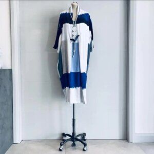 Crea Italy Indigo Blue & White Short Sleeved Linen Midi Kimono Dress 38